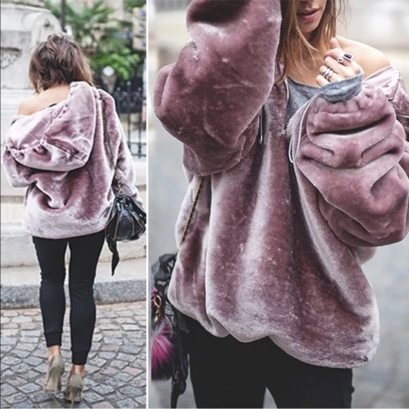 Purple/pinkish Velvet Fur Teddy Bear Hoodie - Picture 3 of 8